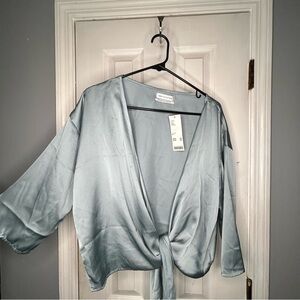 Urban Outfitters Dusty Blue Satin Tie-Front Blouse